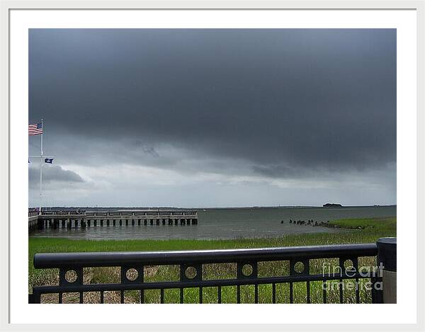 Stormy Sky Over Coastal Pier - Framed Print