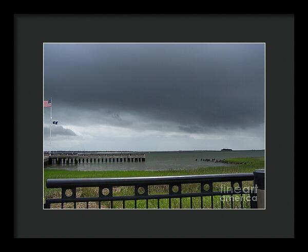Stormy Sky Over Coastal Pier - Framed Print