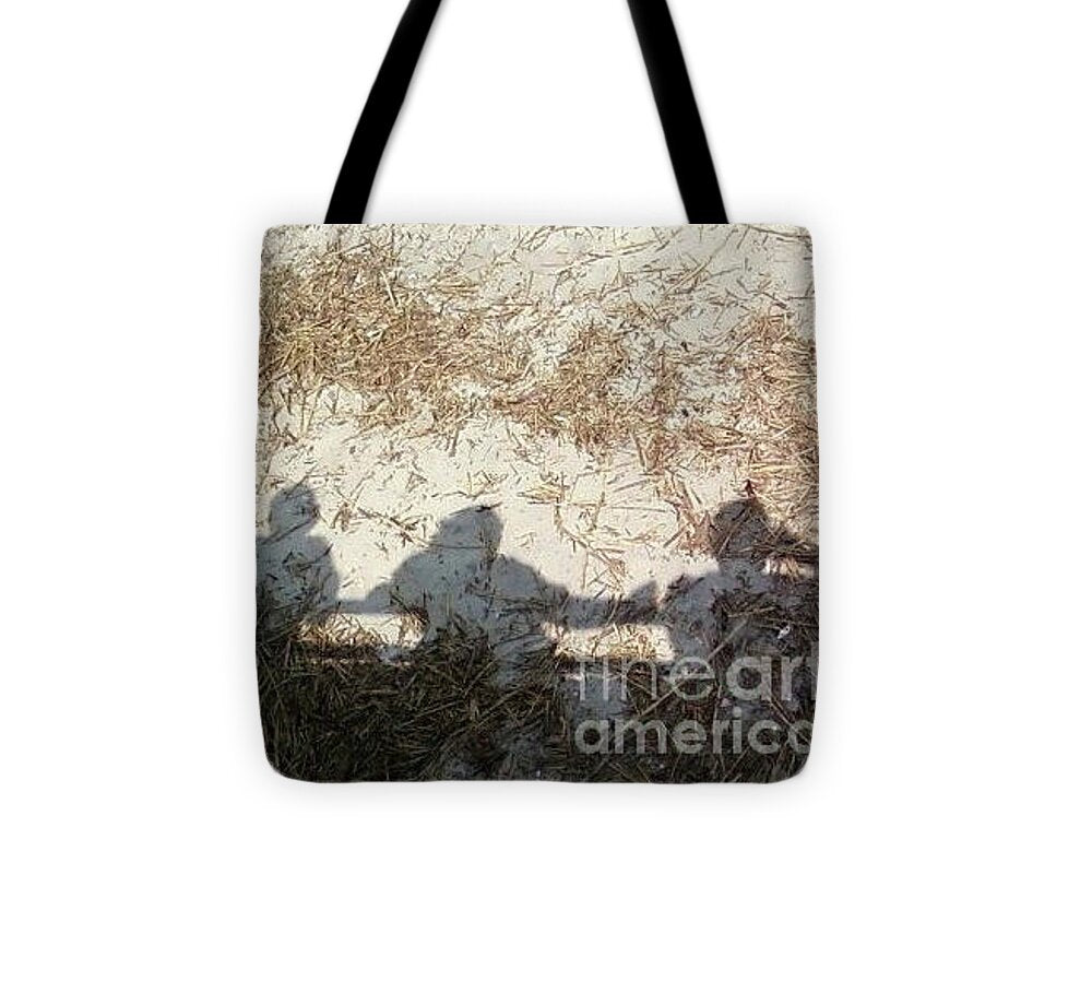 Three Shadows on Sandy Shore Tote Bag by Melia LLC – Durable Double-Sided Printed Poly-Poplin Tote with Black Strap